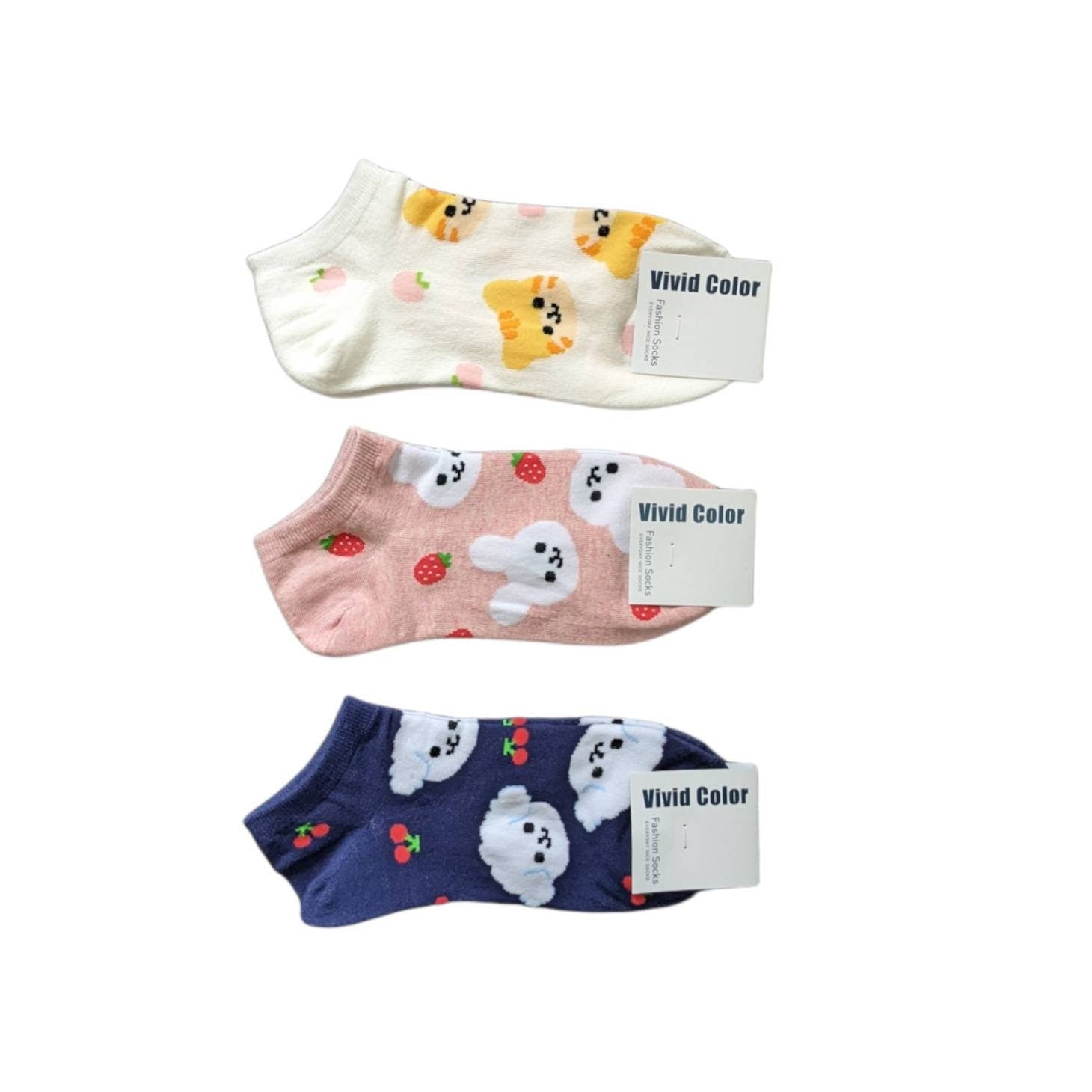 Pet With Fruit Women Ankle Socks | White Socks | Pink Socks | Womens Socks | Colorful Socks | Animal Socks | Cute Socks